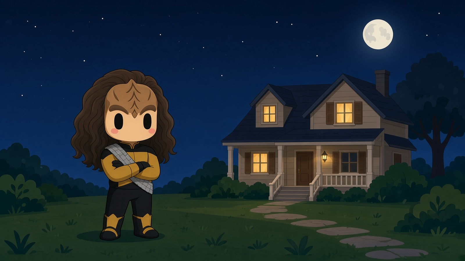Gorf standing night watch over a home